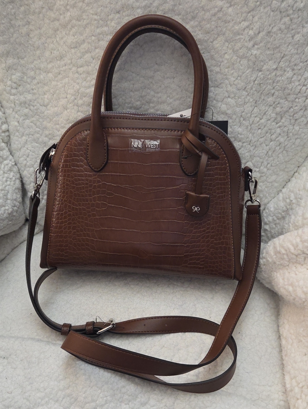 Nine West Brown Croc-Embossed Satchel with Crossbody Strap